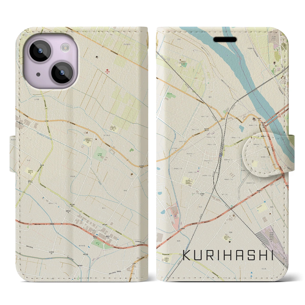 【栗橋】地図柄iPhoneケース（手帳両面タイプ・ナチュラル）iPhone 14 用
