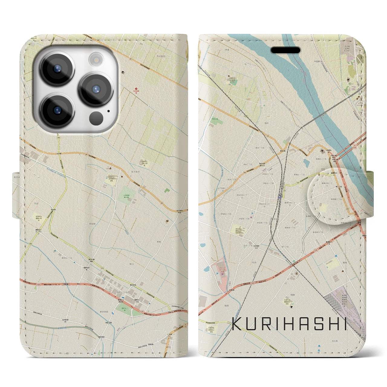 【栗橋】地図柄iPhoneケース（手帳両面タイプ・ナチュラル）iPhone 14 Pro 用