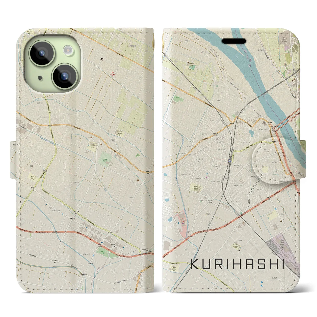 【栗橋】地図柄iPhoneケース（手帳両面タイプ・ナチュラル）iPhone 15 用