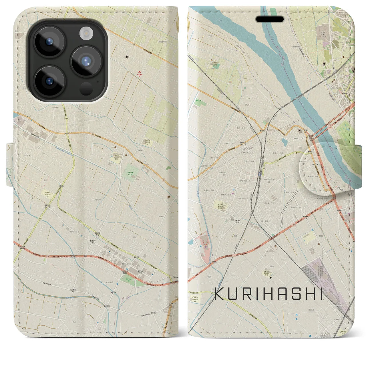 【栗橋】地図柄iPhoneケース（手帳両面タイプ・ナチュラル）iPhone 15 Pro Max 用