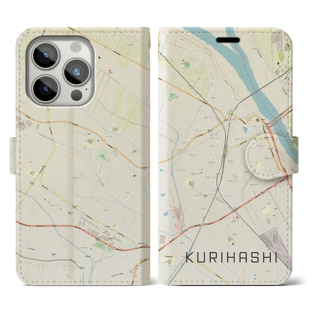 【栗橋】地図柄iPhoneケース（手帳両面タイプ・ナチュラル）iPhone 15 Pro 用
