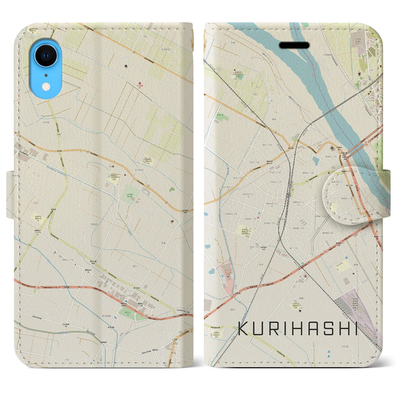 【栗橋】地図柄iPhoneケース（手帳両面タイプ・ナチュラル）iPhone XR 用