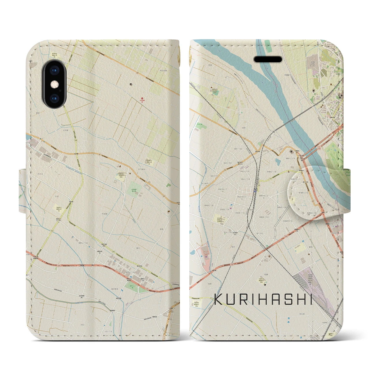 【栗橋】地図柄iPhoneケース（手帳両面タイプ・ナチュラル）iPhone XS / X 用