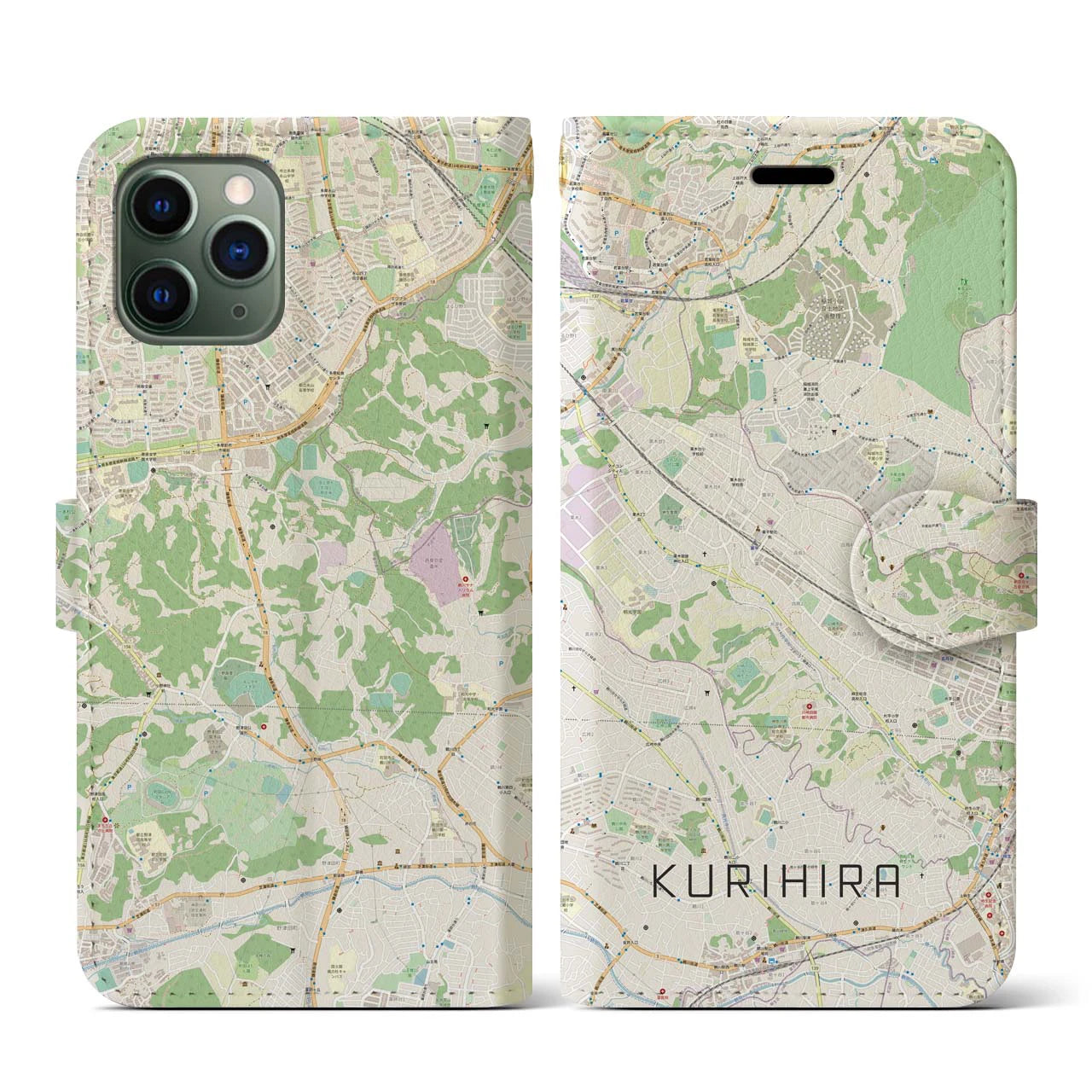 【栗平（神奈川県）】地図柄iPhoneケース（手帳タイプ）ナチュラル・iPhone 11 Pro 用