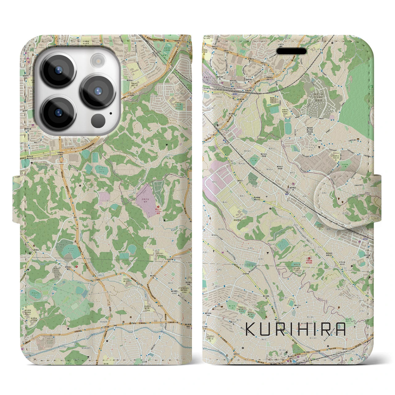 【栗平（神奈川県）】地図柄iPhoneケース（手帳タイプ）ナチュラル・iPhone 14 Pro 用
