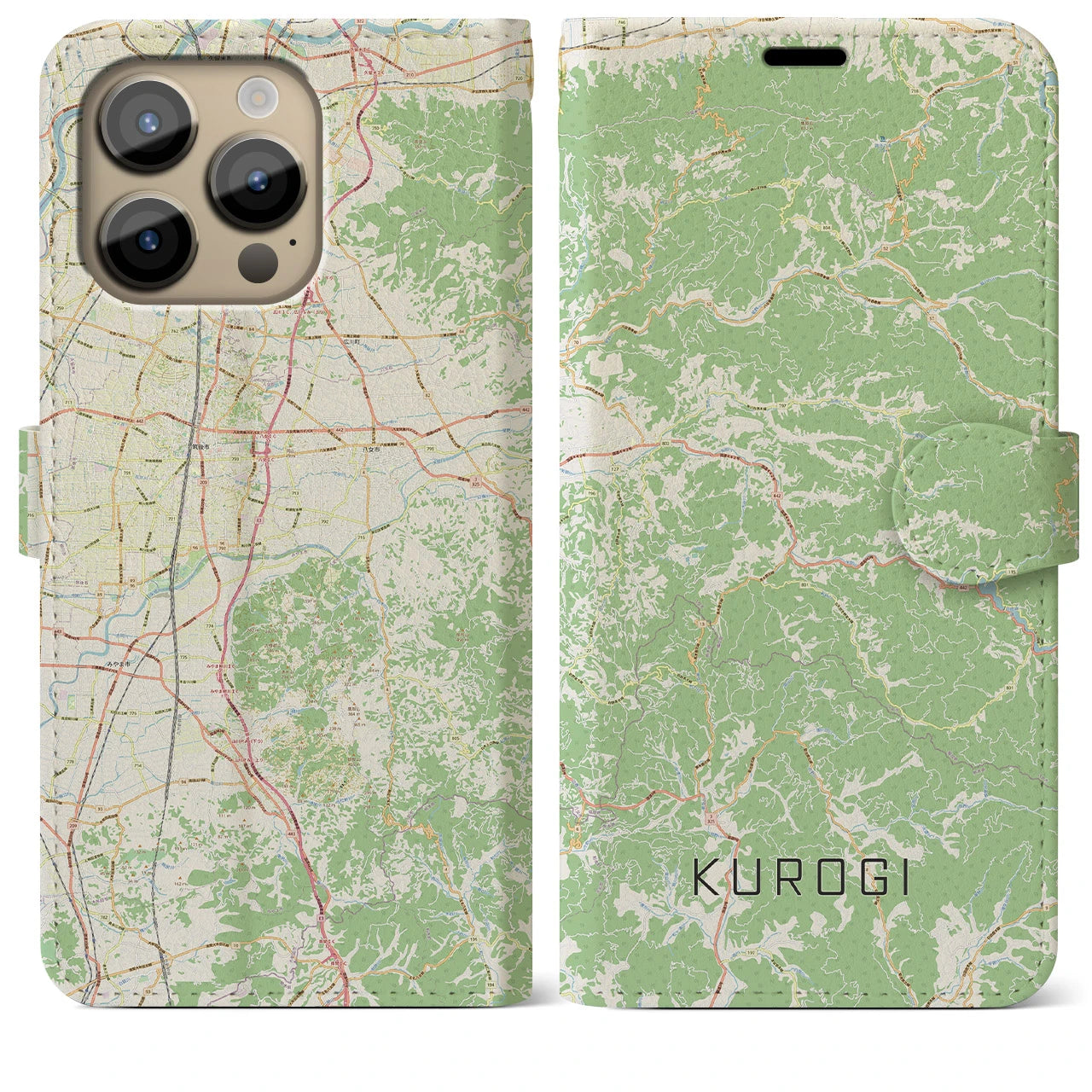 【黒木】地図柄iPhoneケース（手帳両面タイプ・ナチュラル）iPhone 14 Pro Max 用