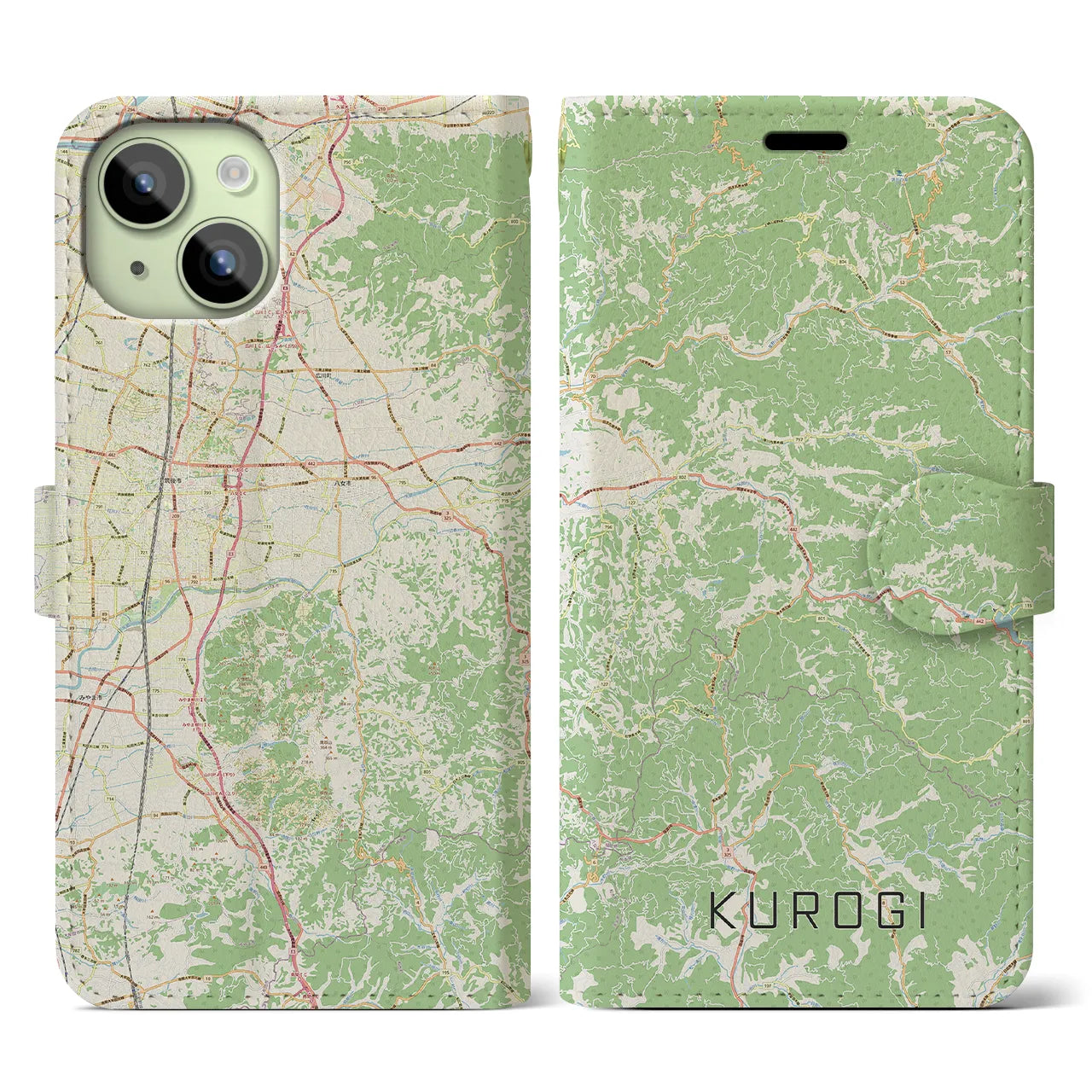 【黒木】地図柄iPhoneケース（手帳両面タイプ・ナチュラル）iPhone 15 用