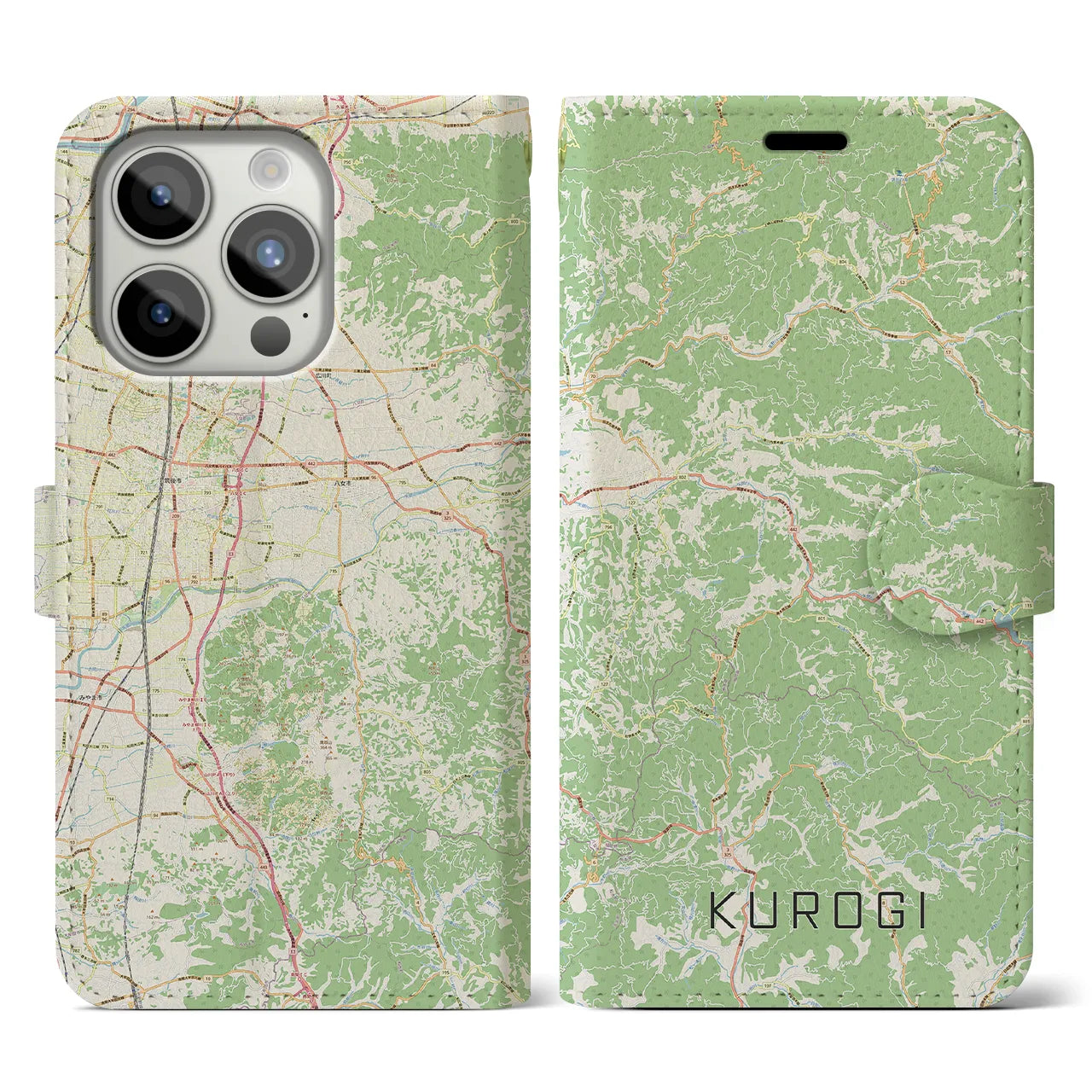 【黒木】地図柄iPhoneケース（手帳両面タイプ・ナチュラル）iPhone 15 Pro 用