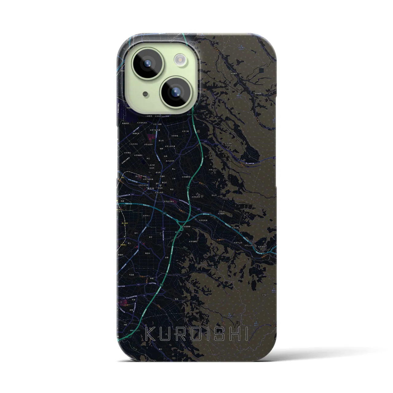 【黒石】地図柄iPhoneケース（バックカバータイプ・ブラック）iPhone 15 用