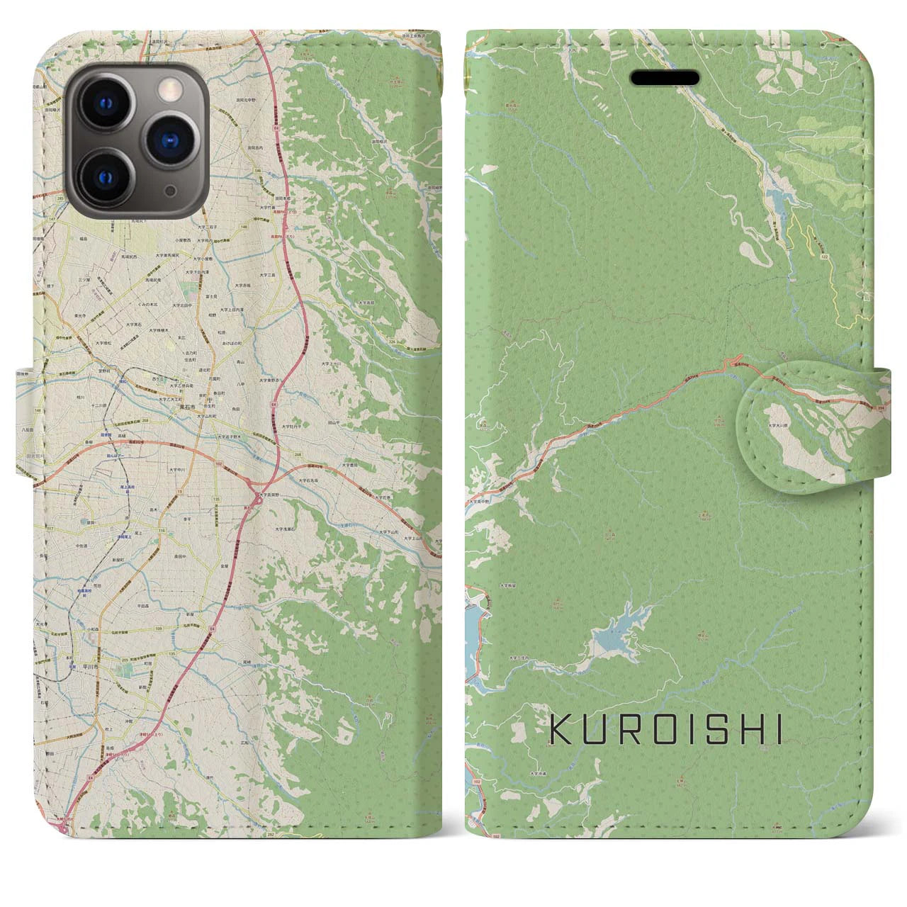 【黒石】地図柄iPhoneケース（手帳両面タイプ・ナチュラル）iPhone 11 Pro Max 用
