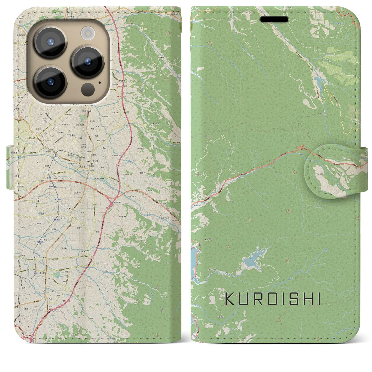 【黒石】地図柄iPhoneケース（手帳両面タイプ・ナチュラル）iPhone 14 Pro Max 用