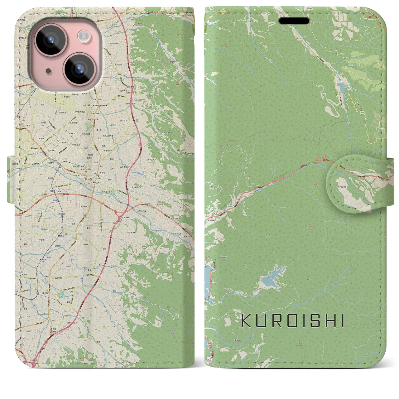 【黒石】地図柄iPhoneケース（手帳両面タイプ・ナチュラル）iPhone 15 Plus 用