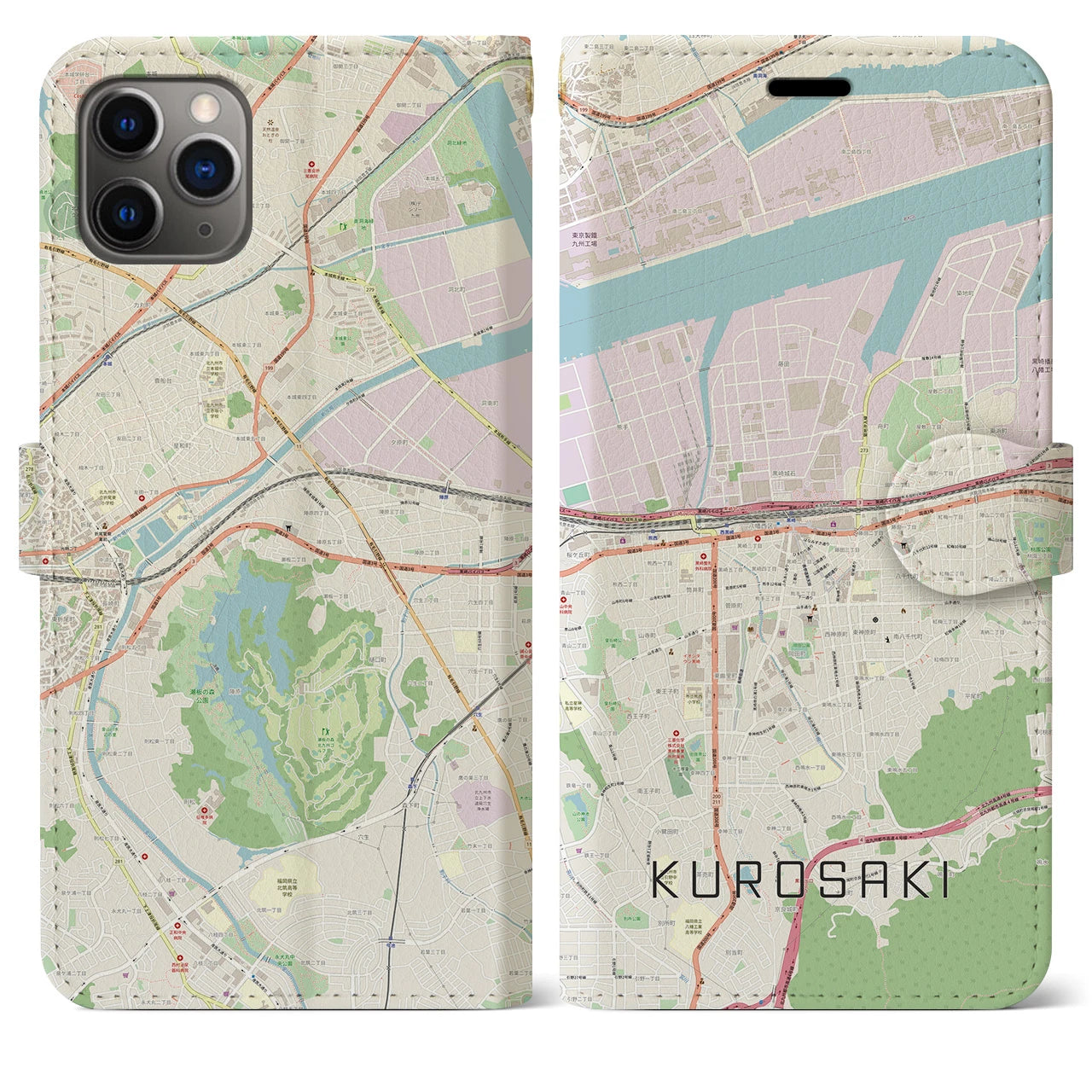 【黒崎】地図柄iPhoneケース（手帳両面タイプ・ナチュラル）iPhone 11 Pro Max 用