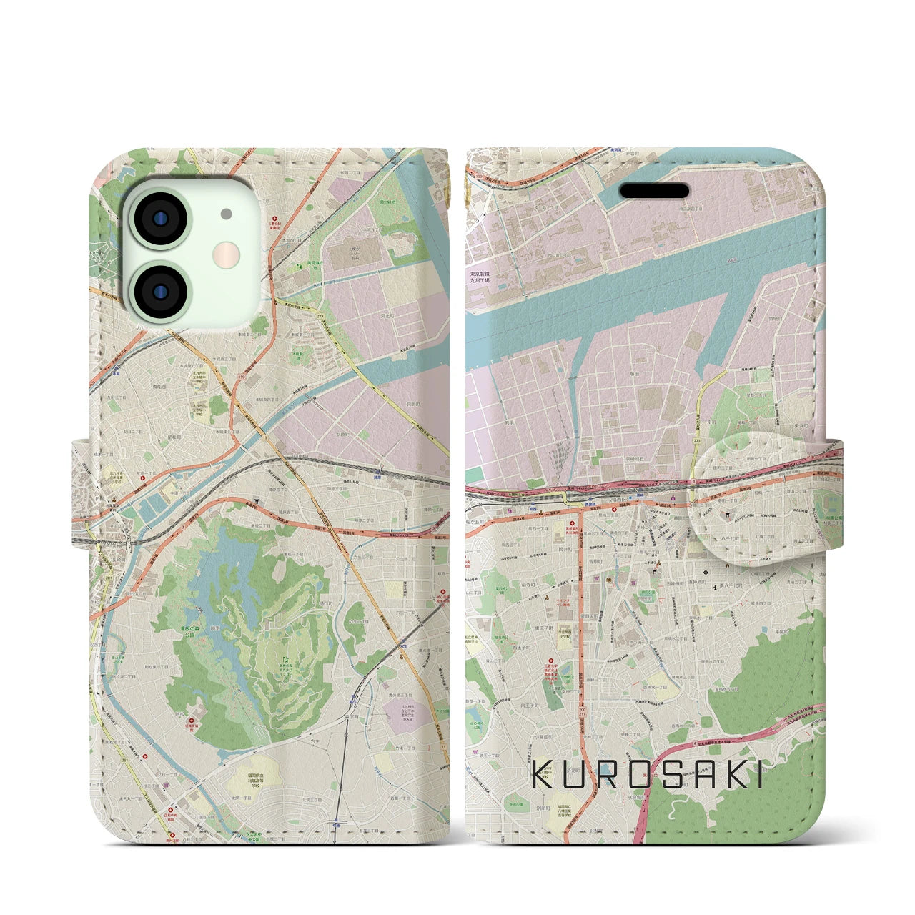 【黒崎】地図柄iPhoneケース（手帳両面タイプ・ナチュラル）iPhone 12 mini 用