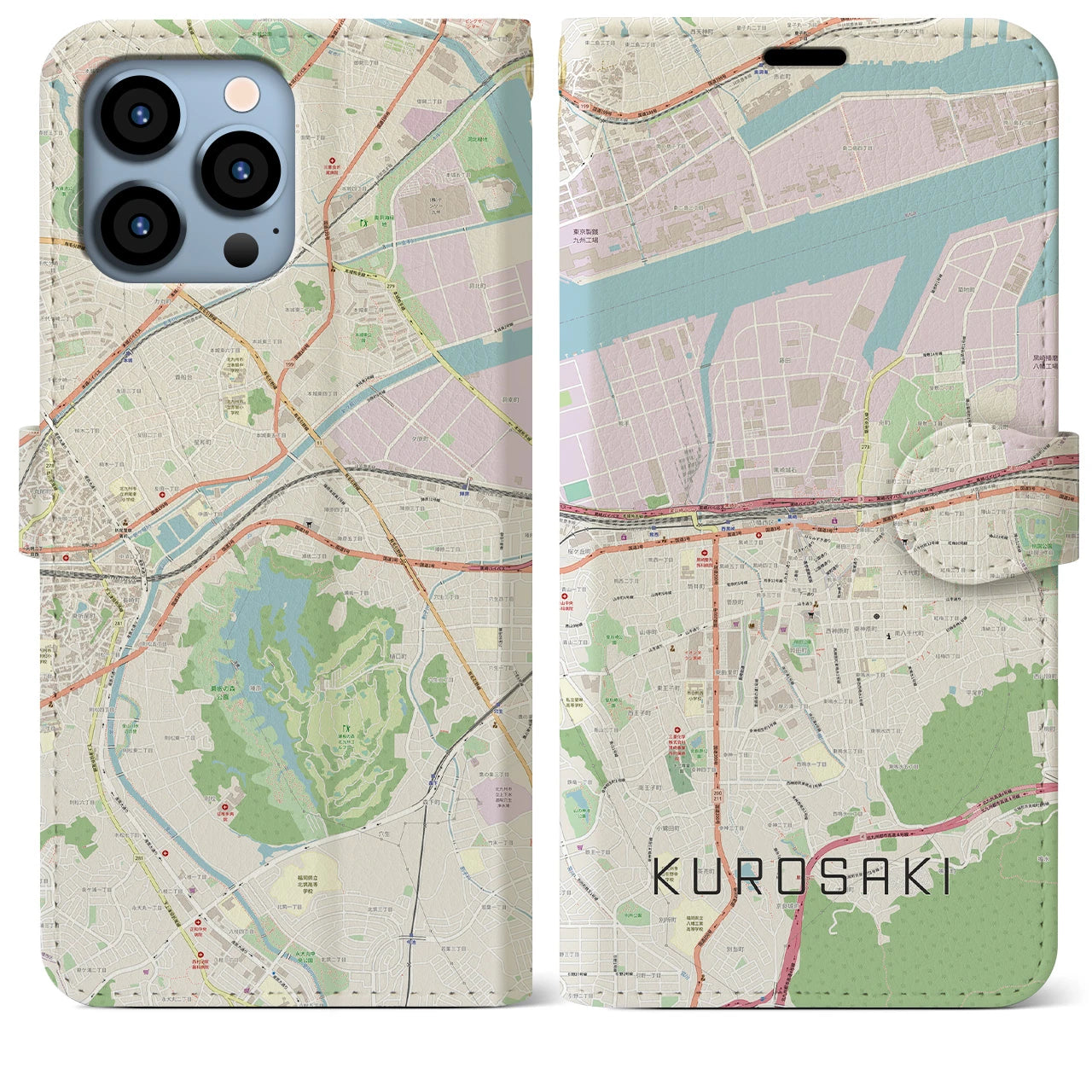 【黒崎】地図柄iPhoneケース（手帳両面タイプ・ナチュラル）iPhone 13 Pro Max 用
