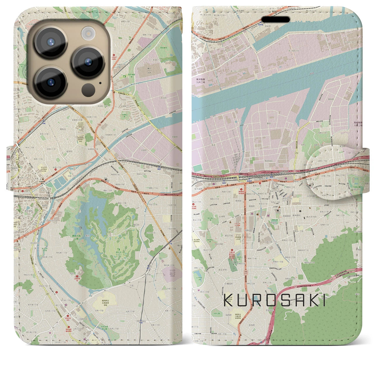 【黒崎】地図柄iPhoneケース（手帳両面タイプ・ナチュラル）iPhone 14 Pro Max 用