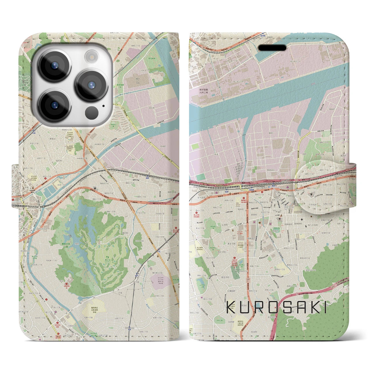 【黒崎】地図柄iPhoneケース（手帳両面タイプ・ナチュラル）iPhone 14 Pro 用
