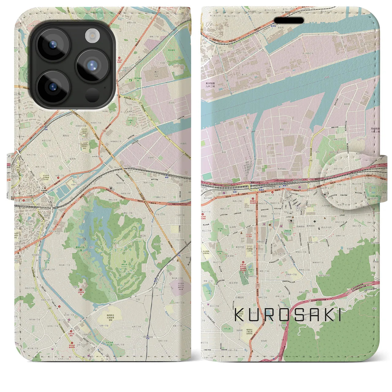 【黒崎】地図柄iPhoneケース（手帳両面タイプ・ナチュラル）iPhone 15 Pro Max 用