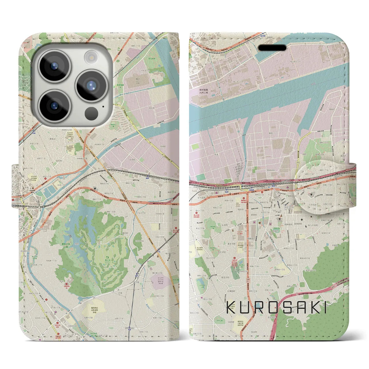 【黒崎】地図柄iPhoneケース（手帳両面タイプ・ナチュラル）iPhone 15 Pro 用