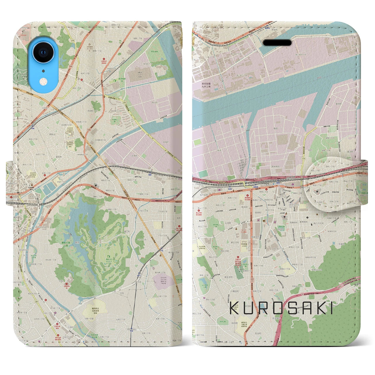 【黒崎】地図柄iPhoneケース（手帳両面タイプ・ナチュラル）iPhone XR 用