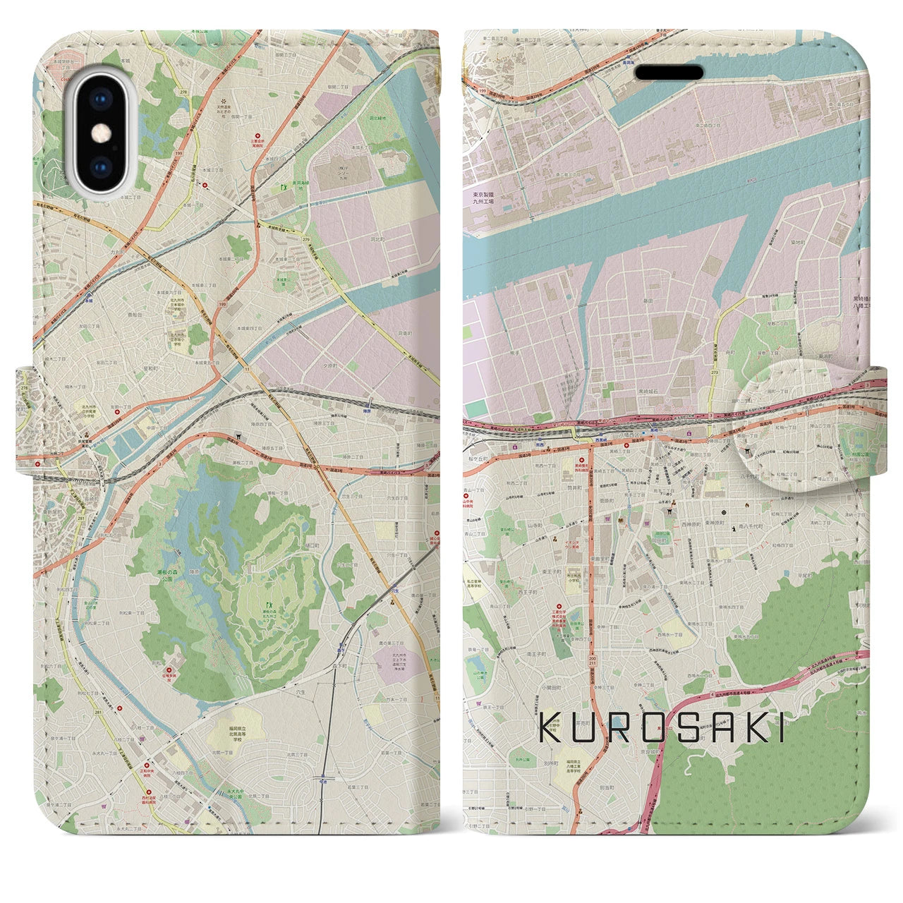 【黒崎】地図柄iPhoneケース（手帳両面タイプ・ナチュラル）iPhone XS Max 用