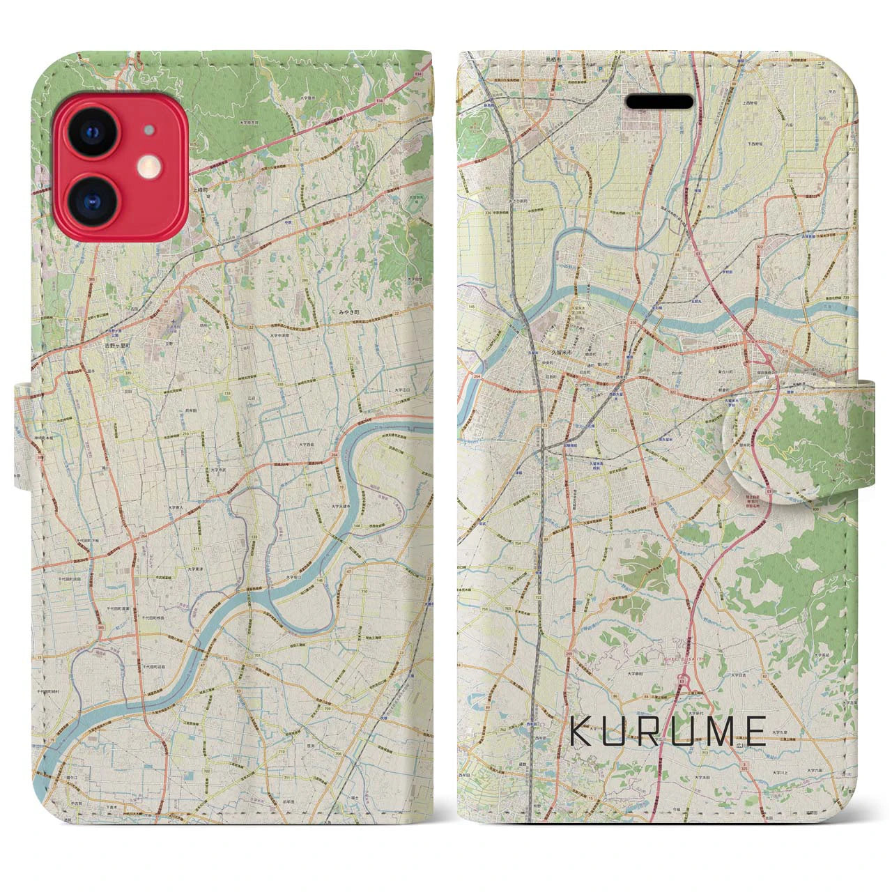 【久留米】地図柄iPhoneケース（手帳両面タイプ・ナチュラル）iPhone 11 用