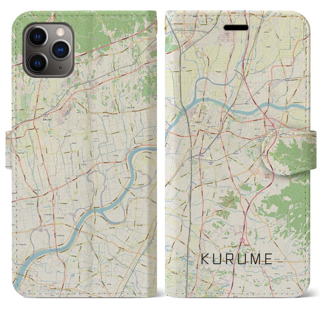 【久留米】地図柄iPhoneケース（手帳両面タイプ・ナチュラル）iPhone 11 Pro Max 用