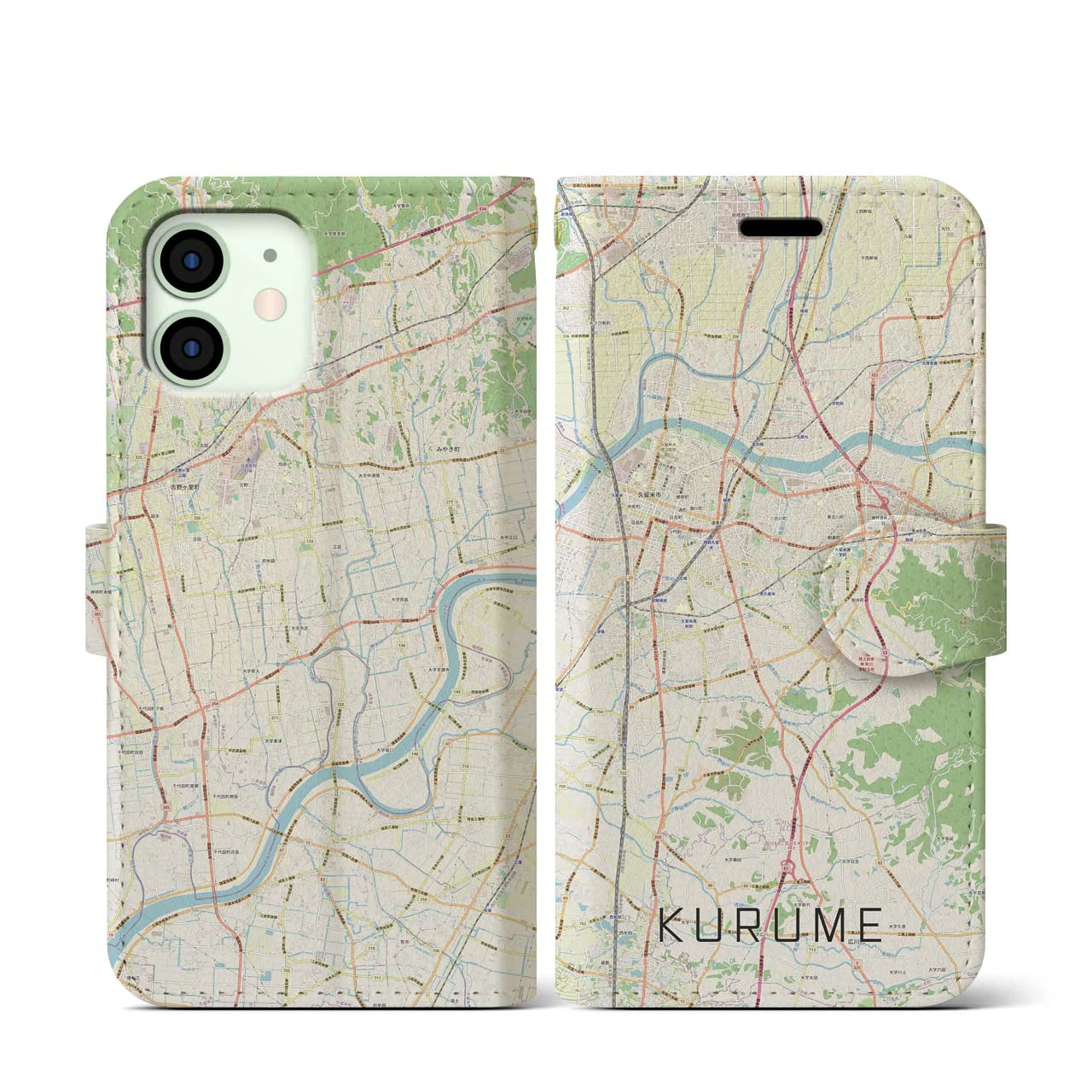 【久留米】地図柄iPhoneケース（手帳両面タイプ・ナチュラル）iPhone 12 mini 用