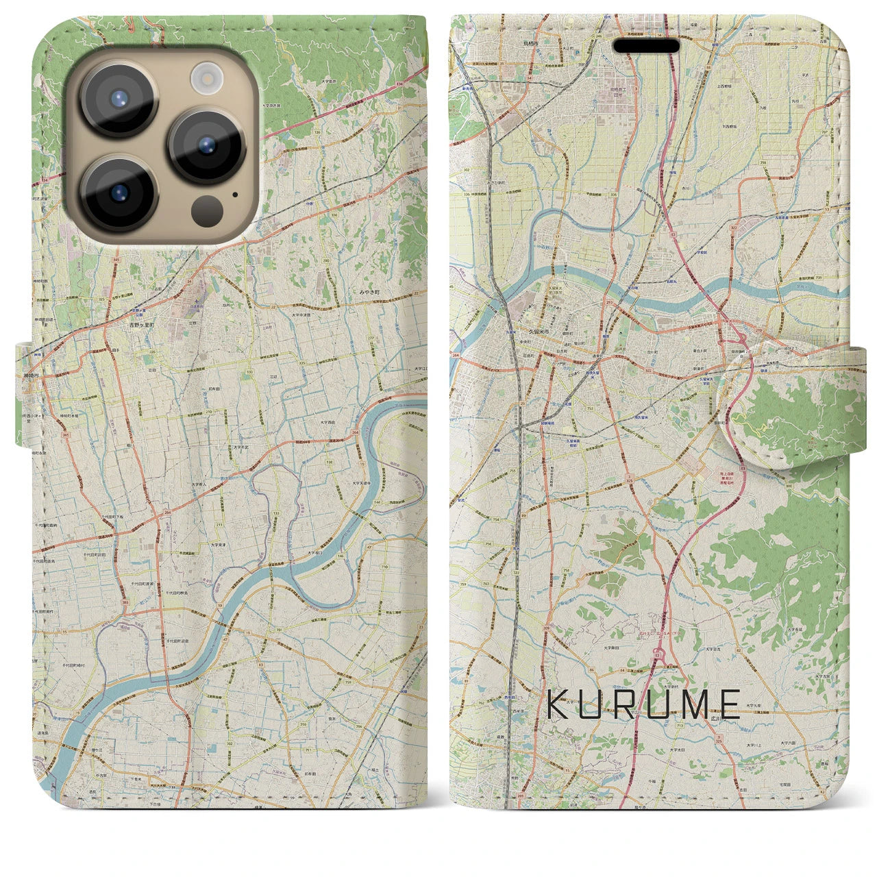 【久留米】地図柄iPhoneケース（手帳両面タイプ・ナチュラル）iPhone 14 Pro Max 用