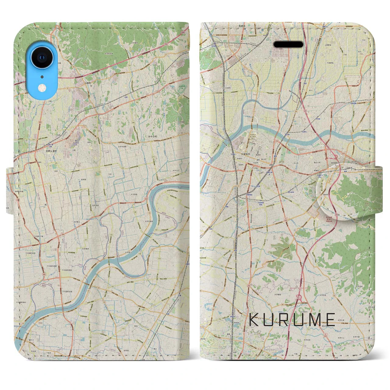 【久留米】地図柄iPhoneケース（手帳両面タイプ・ナチュラル）iPhone XR 用