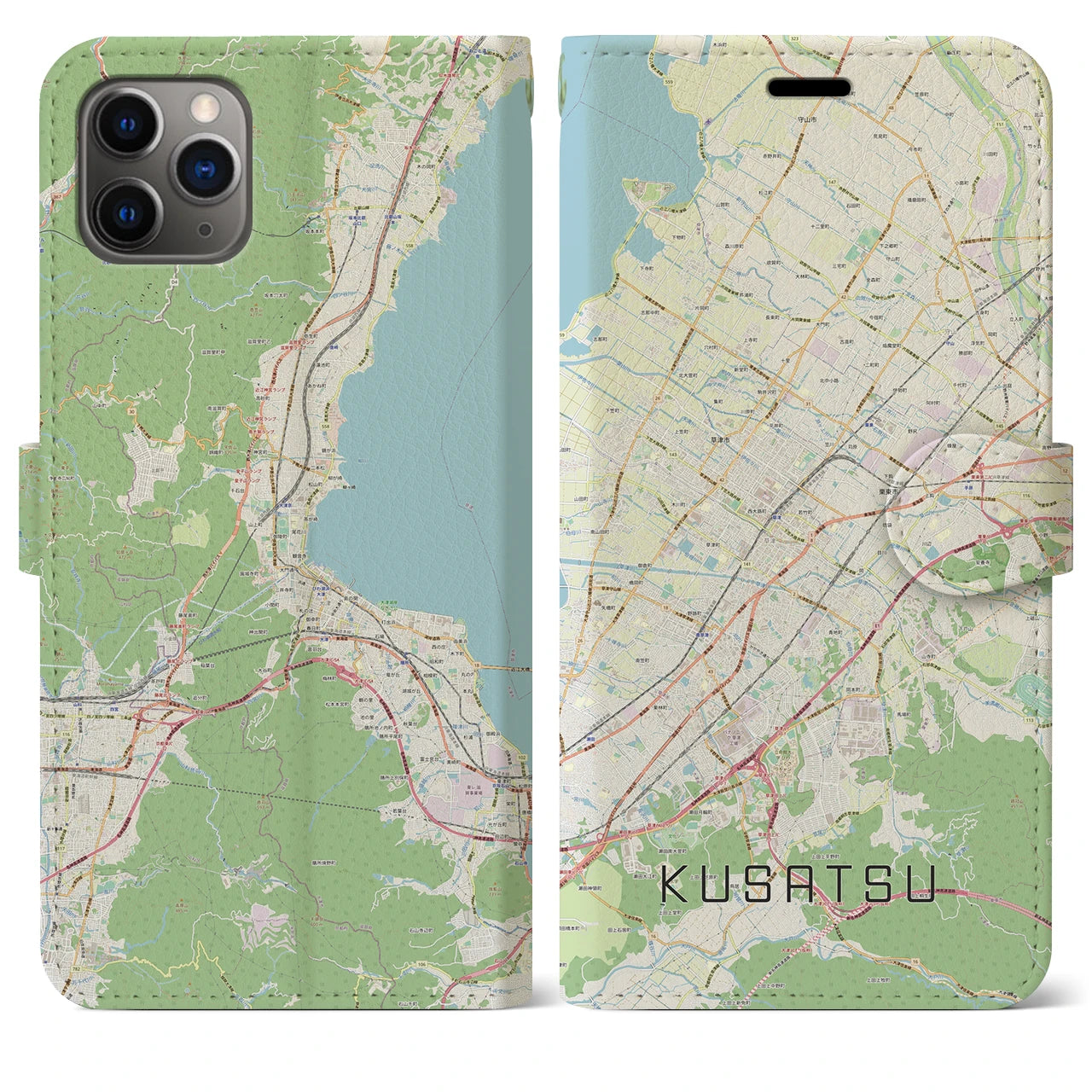 【草津】地図柄iPhoneケース（手帳両面タイプ・ナチュラル）iPhone 11 Pro Max 用