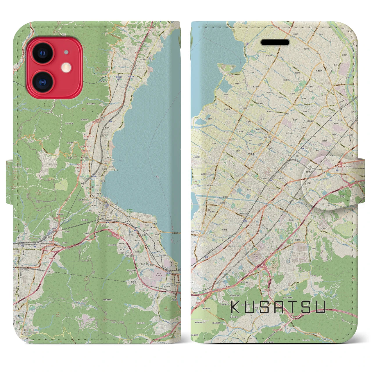 【草津】地図柄iPhoneケース（手帳両面タイプ・ナチュラル）iPhone 11 用