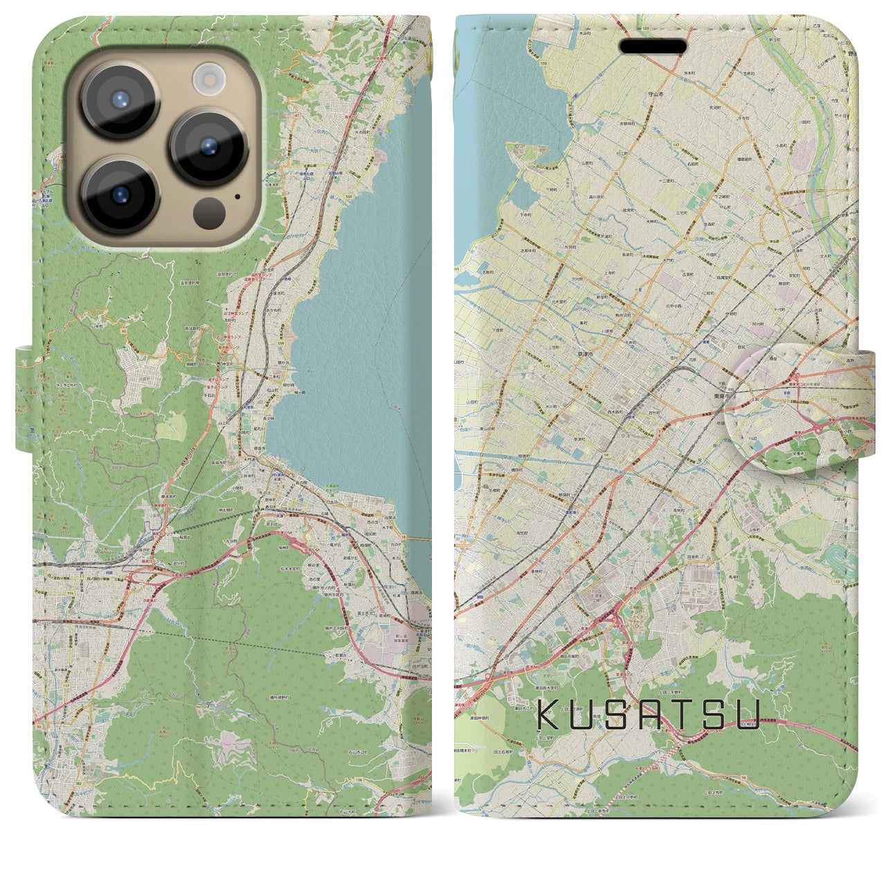 【草津】地図柄iPhoneケース（手帳両面タイプ・ナチュラル）iPhone 14 Pro Max 用