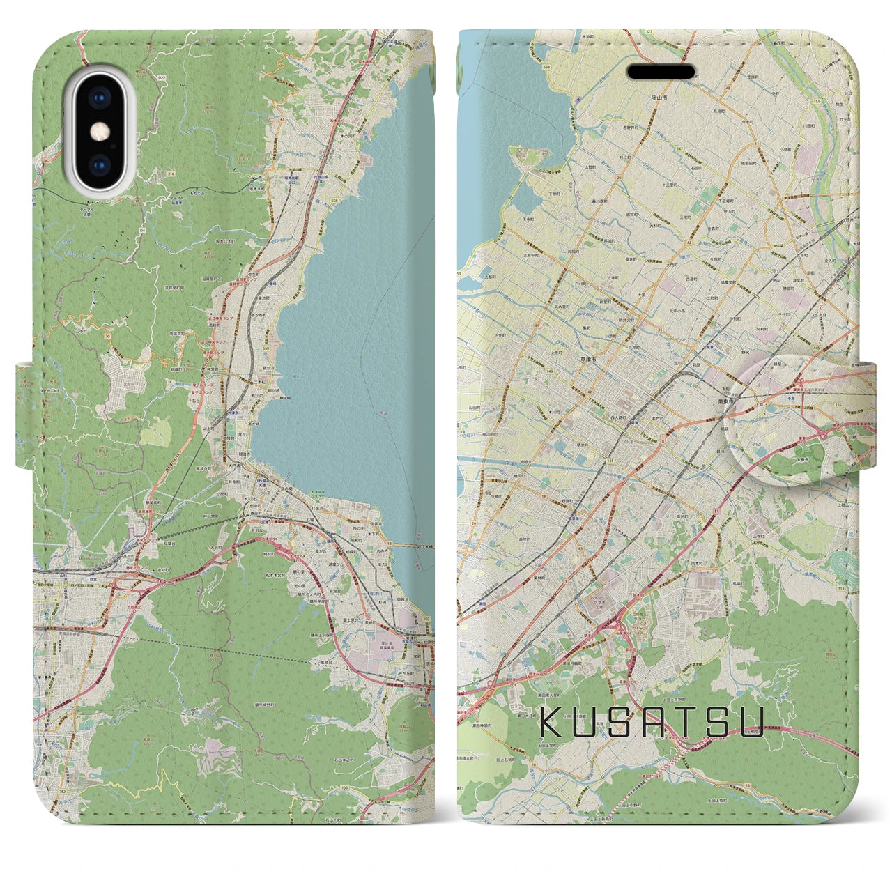 【草津】地図柄iPhoneケース（手帳両面タイプ・ナチュラル）iPhone XS Max 用