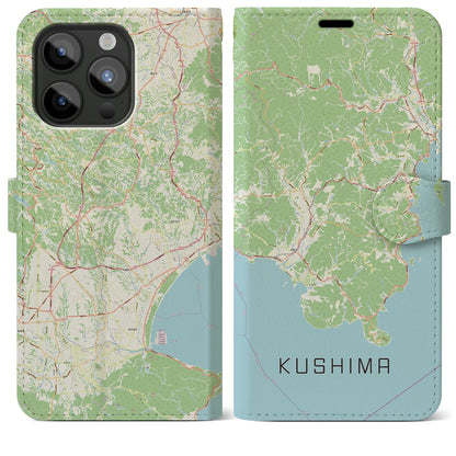 【串間（宮崎県）】地図柄iPhoneケース（手帳タイプ）ナチュラル・iPhone 15 Pro Max 用