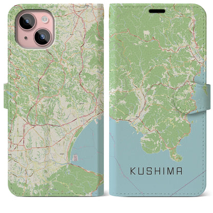 【串間（宮崎県）】地図柄iPhoneケース（手帳タイプ）ナチュラル・iPhone 15 Plus 用