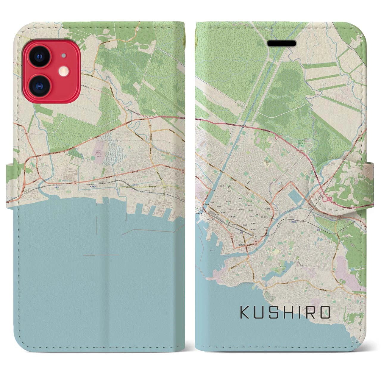 【釧路】地図柄iPhoneケース（手帳両面タイプ・ナチュラル）iPhone 11 用