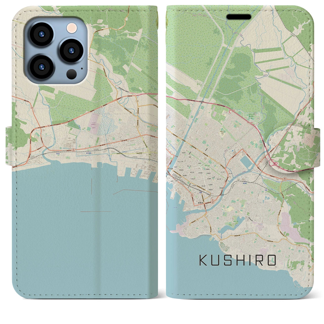 【釧路】地図柄iPhoneケース（手帳両面タイプ・ナチュラル）iPhone 13 Pro Max 用