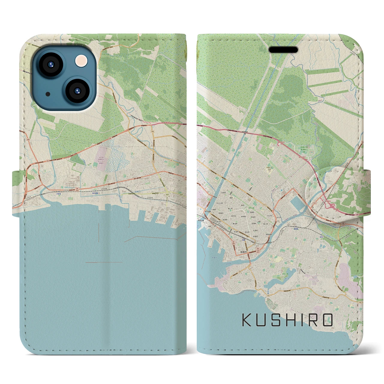 【釧路】地図柄iPhoneケース（手帳両面タイプ・ナチュラル）iPhone 13 用