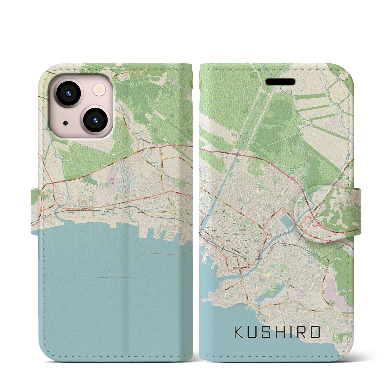 【釧路】地図柄iPhoneケース（手帳両面タイプ・ナチュラル）iPhone 13 mini 用
