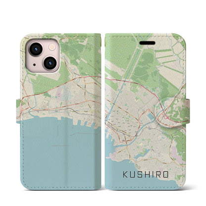 【釧路（北海道）】地図柄iPhoneケース（手帳タイプ）ナチュラル・iPhone 13 mini 用