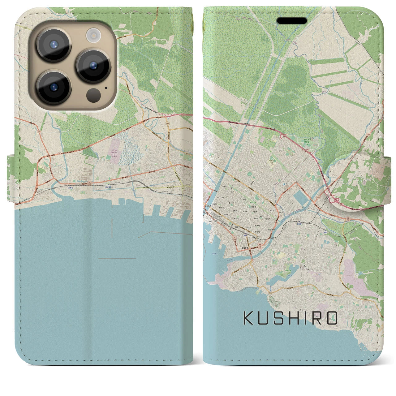 【釧路】地図柄iPhoneケース（手帳両面タイプ・ナチュラル）iPhone 14 Pro Max 用