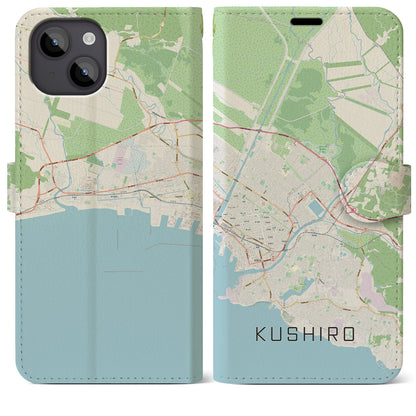 【釧路（北海道）】地図柄iPhoneケース（手帳タイプ）ナチュラル・iPhone 14 Plus 用
