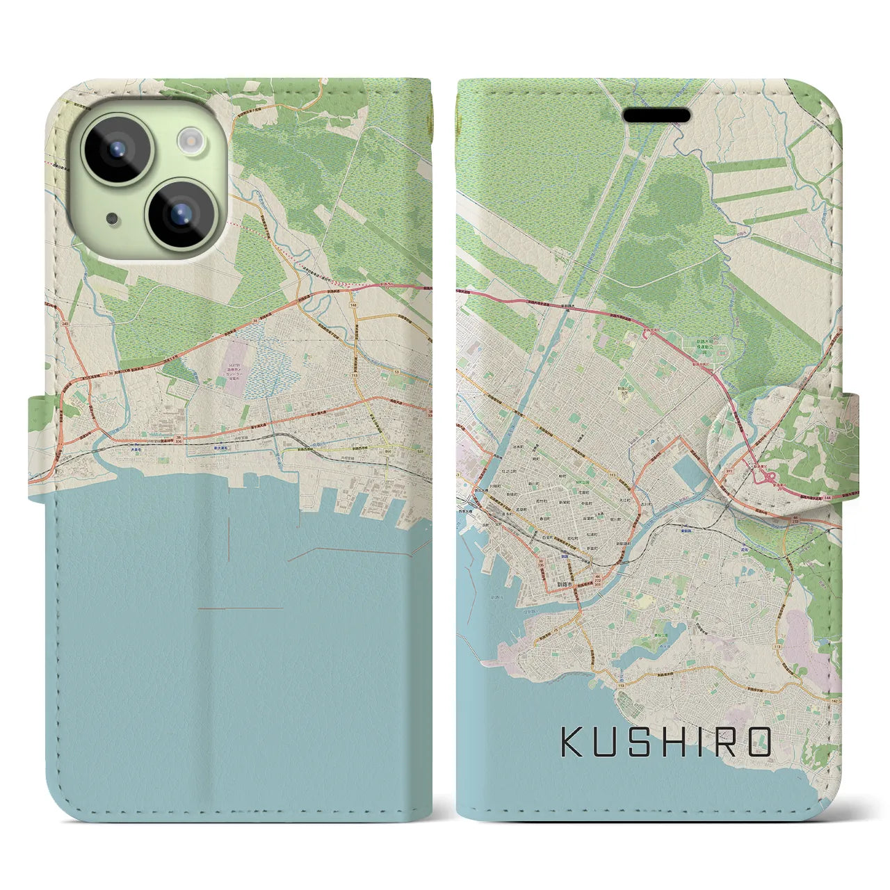 【釧路】地図柄iPhoneケース（手帳両面タイプ・ナチュラル）iPhone 15 用