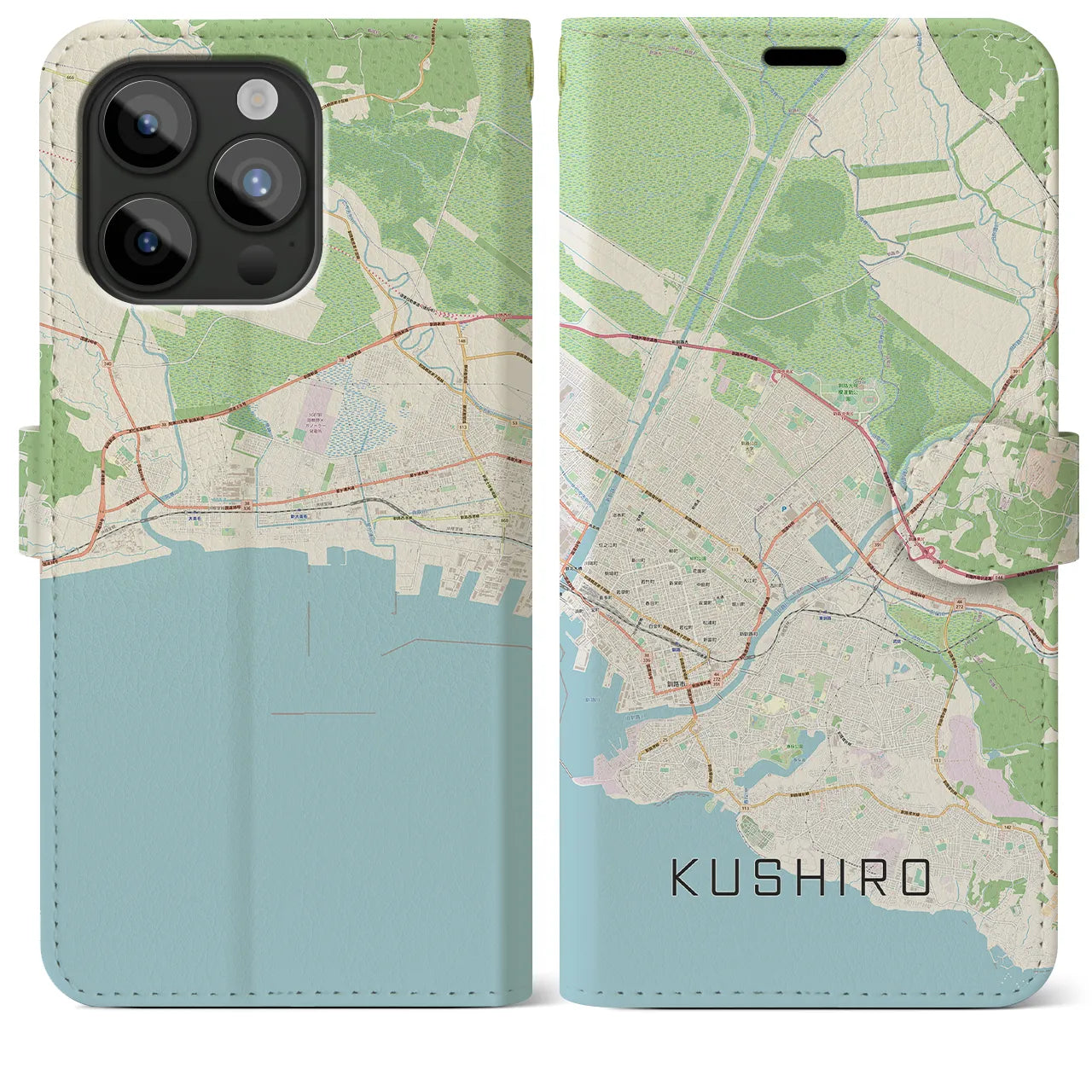 【釧路】地図柄iPhoneケース（手帳両面タイプ・ナチュラル）iPhone 15 Pro Max 用