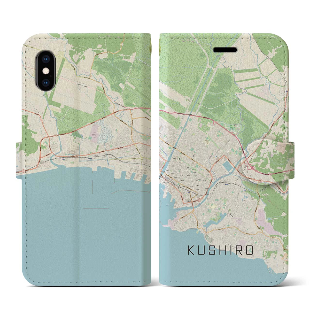 【釧路】地図柄iPhoneケース（手帳両面タイプ・ナチュラル）iPhone XS / X 用