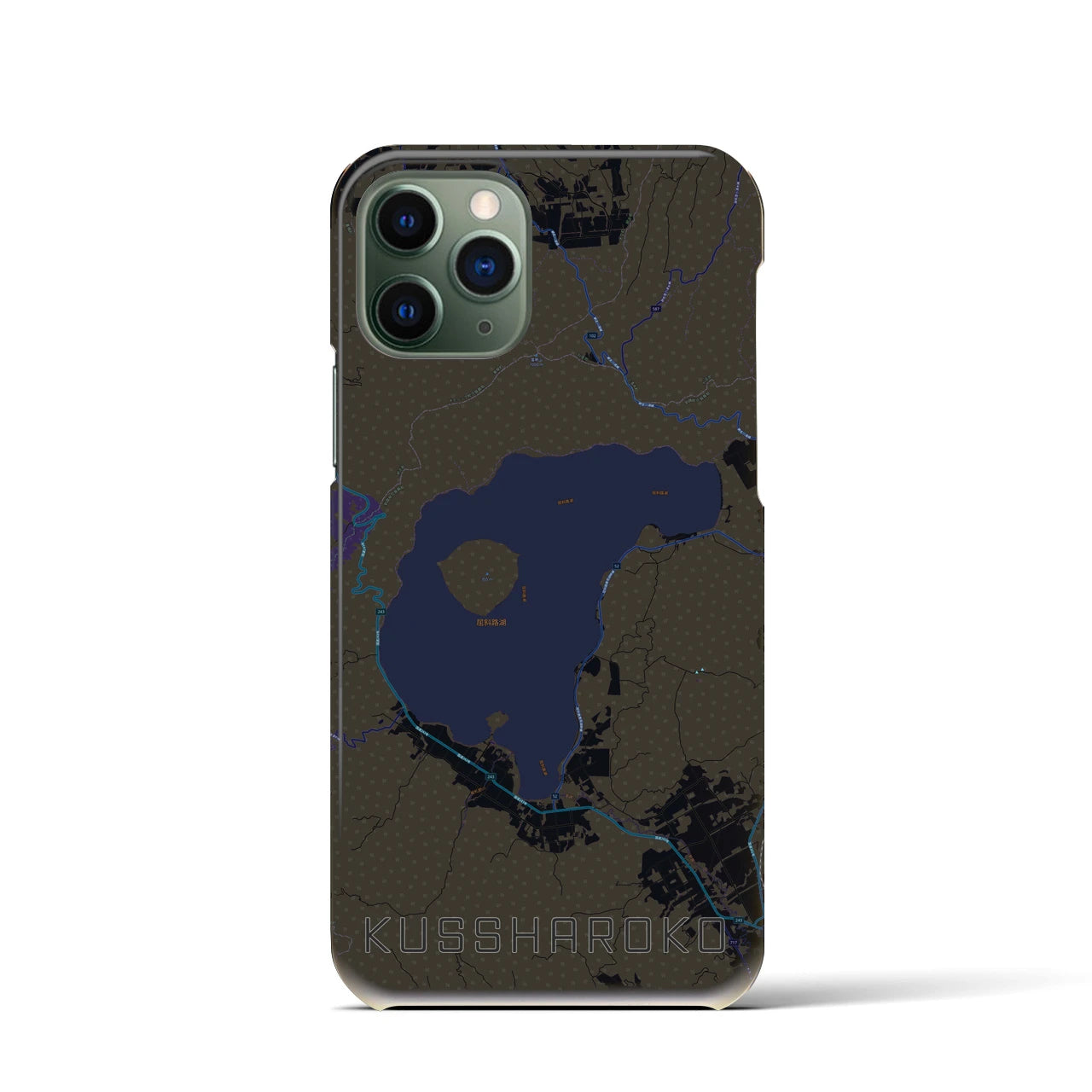 【屈斜路湖】地図柄iPhoneケース（バックカバータイプ・ブラック）iPhone 11 Pro 用