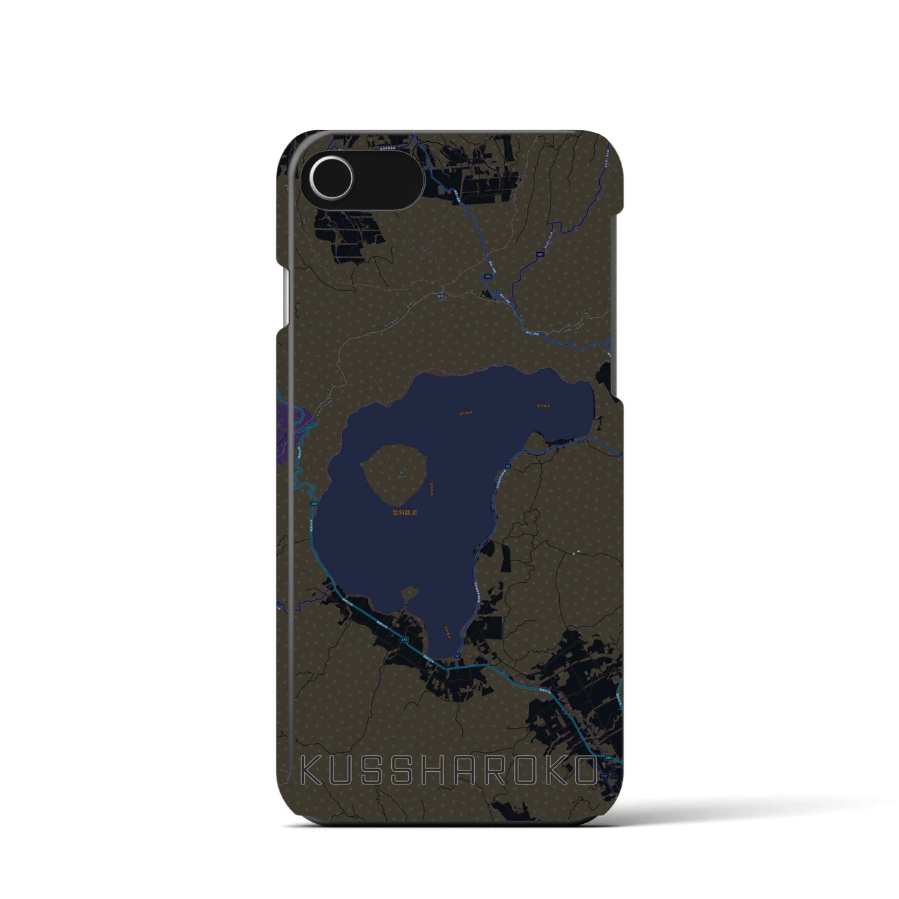 【屈斜路湖】地図柄iPhoneケース（バックカバータイプ・ブラック）iPhone SE（第3 / 第2世代） / 8 / 7 / 6s / 6 用