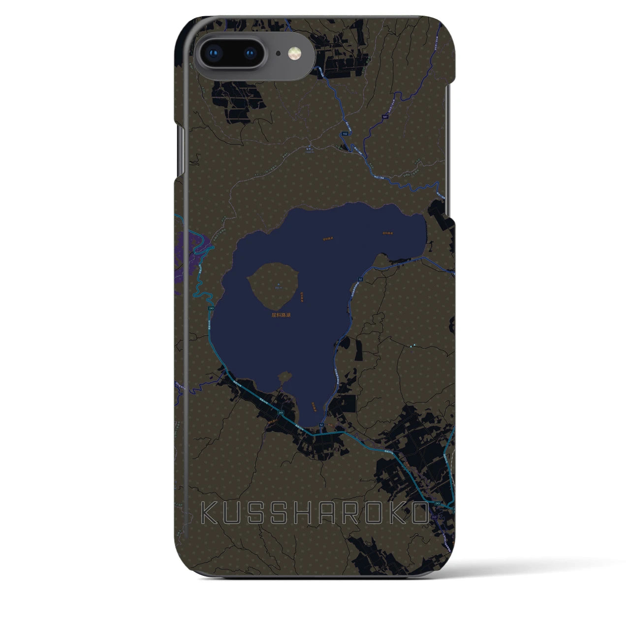 【屈斜路湖】地図柄iPhoneケース（バックカバータイプ・ブラック）iPhone 8Plus /7Plus / 6sPlus / 6Plus 用