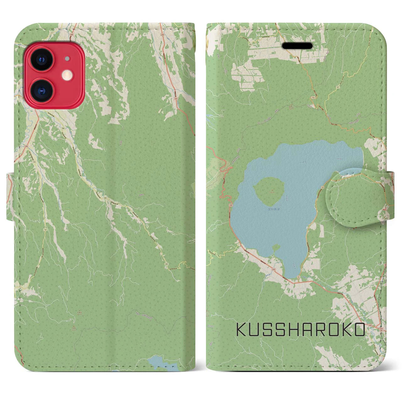 【屈斜路湖】地図柄iPhoneケース（手帳両面タイプ・ナチュラル）iPhone 11 用